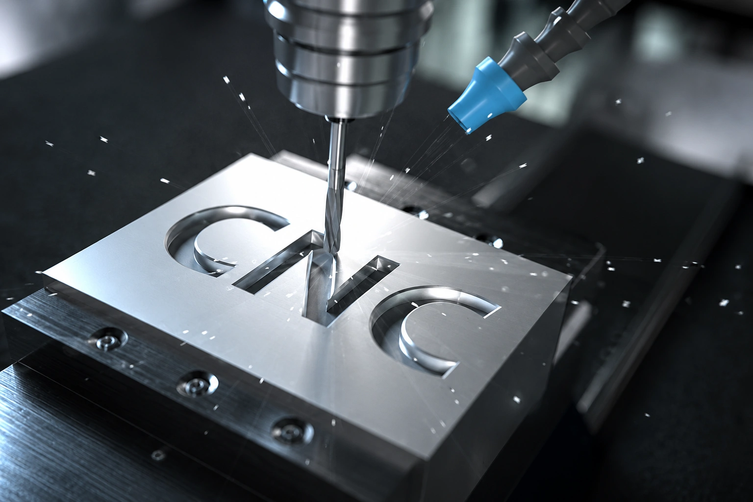 Five-axis CNC machining center cutting a complex precision metal component