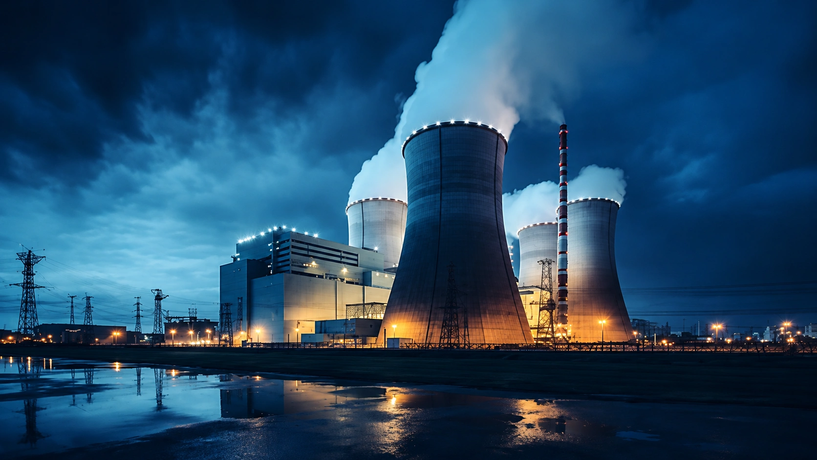 Nuclear power generation infrastructure with cooling towers and electrical transmission systems