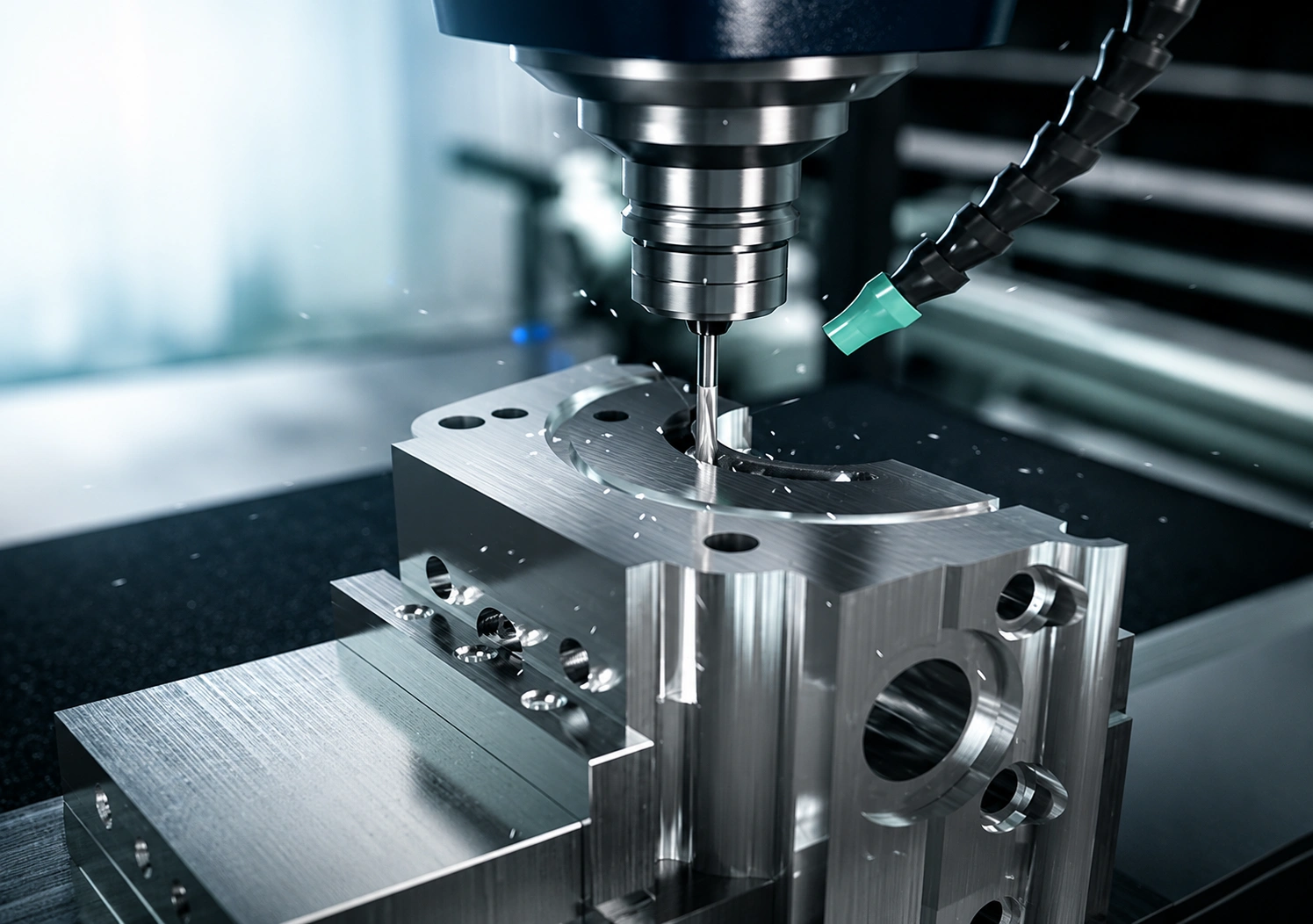 CNC milling of a complex aluminum component using a precision cutting tool
