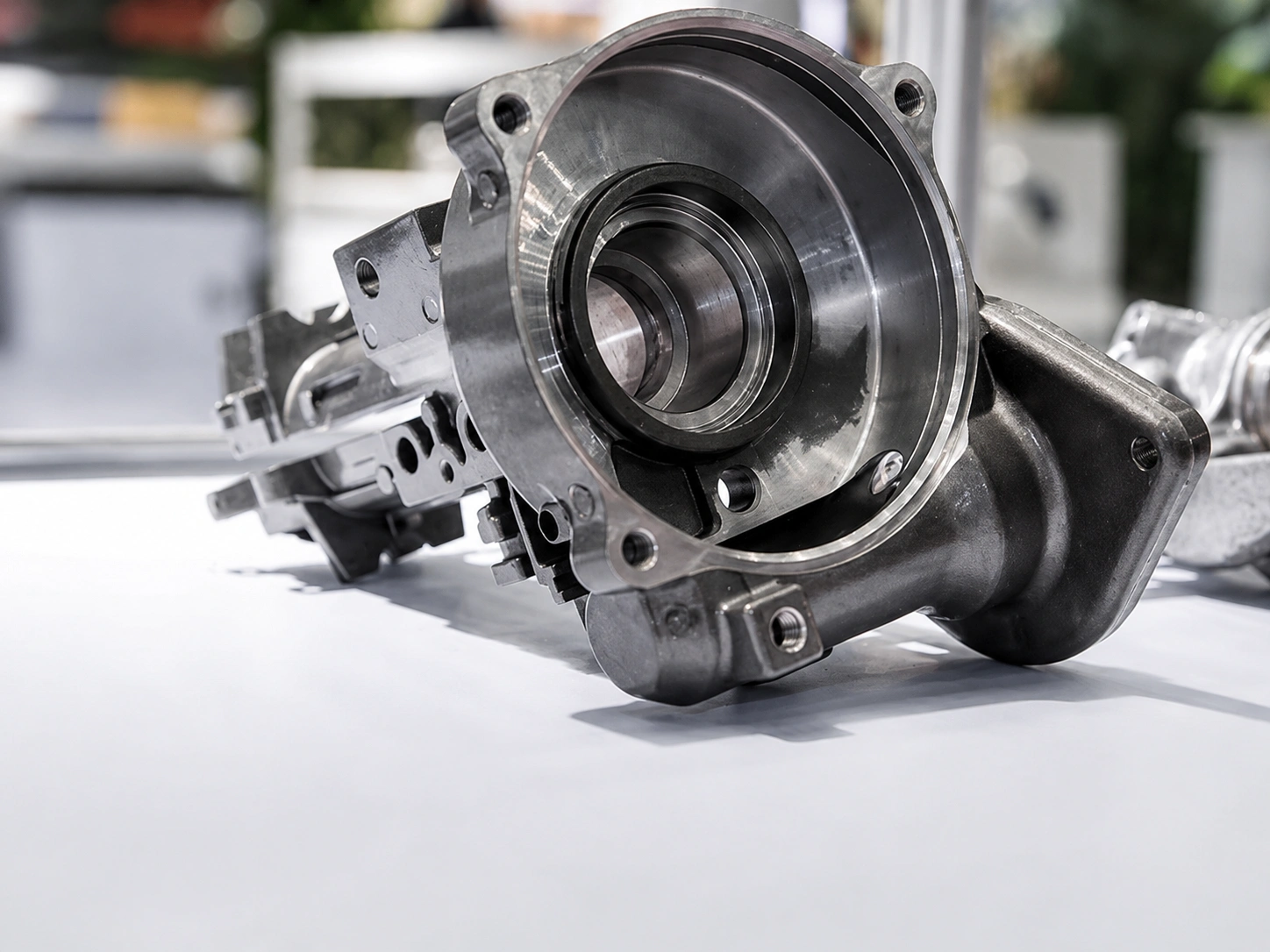 Precision-machined metal pump housing with finished bores and mounting features