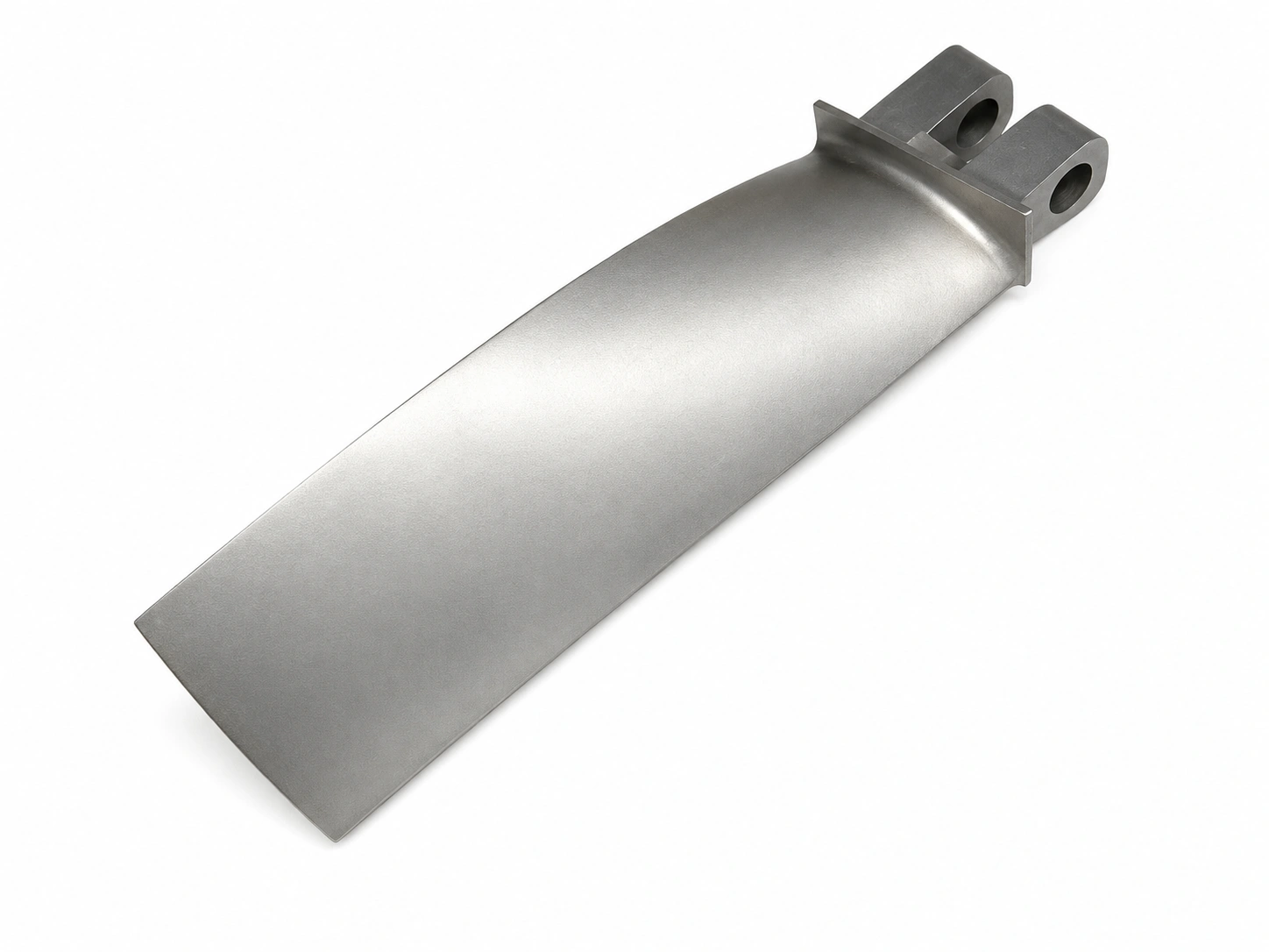 Precision-machined titanium turbine blade for jet engine and aerospace applications on a fully white background.